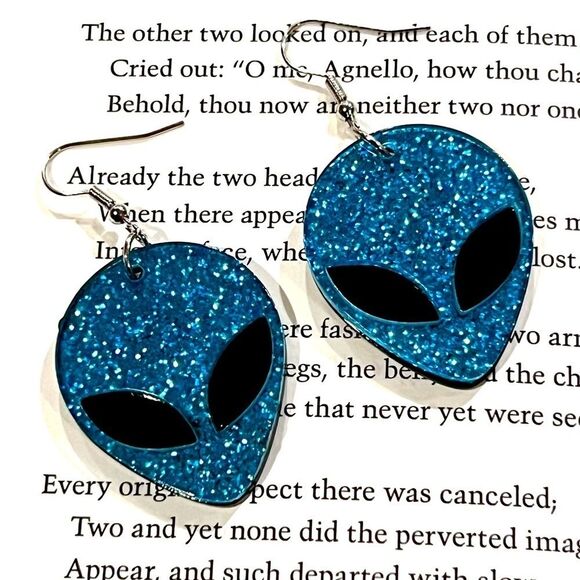 SALE Y2K Retro Blue Alien Glitter Earrings - Picture 1 of 4